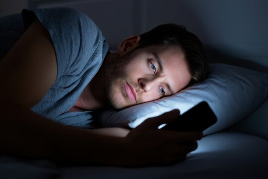 Man lying in bed at night using a smartphone with a focused and thoughtful expression - Powered by Adobe