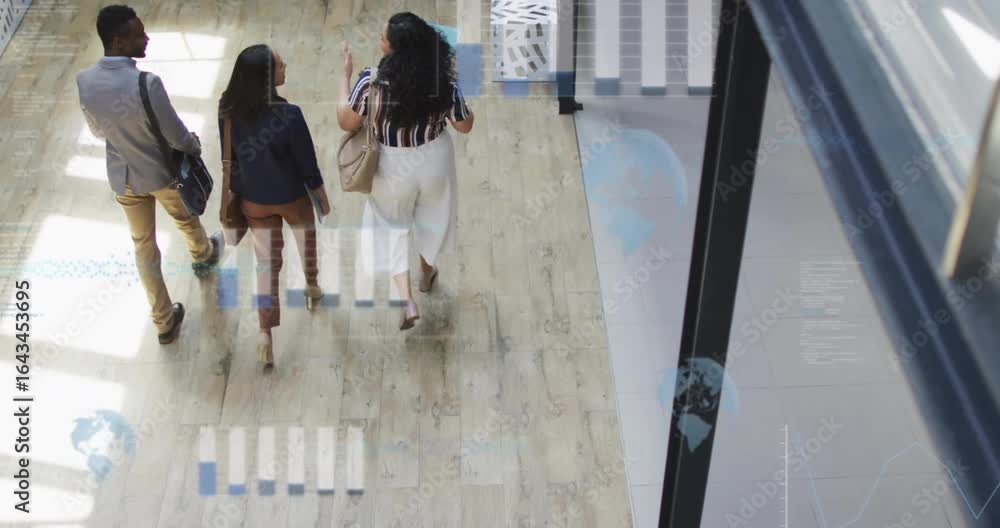 Poster coworkers entering office corridor initiating tech demo with floating data bars and globe icons