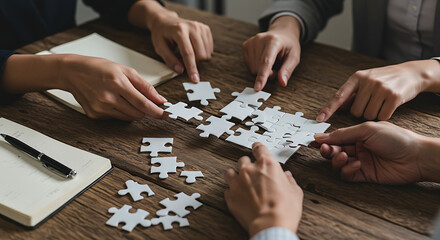 Business team working on a new strategy, represented by a puzzle.