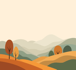 Fototapeta premium Autumn landscape. Vector design of autumn, orange, yellow trees, mountains. Large space for text makes the design ideal for banners, flyers, greetings, advertising and seasonal promotions