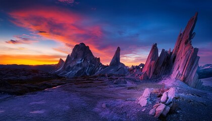 Naklejka premium an expansive landscape features towering rock structures and multicolored crystals under a twilight sky