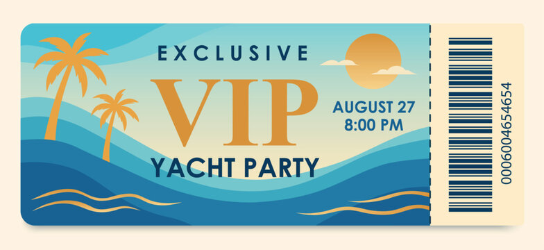 Vector VIP ticket to an exclusive party on a yacht in a tropical style with palm trees and a summer atmosphere. The theme of the event vacation, luxury travel and beach
