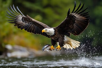 Obraz premium Bald eagle grabs fish from water in dramatic flight
