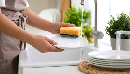 Woman washing dishes in modern kitchen