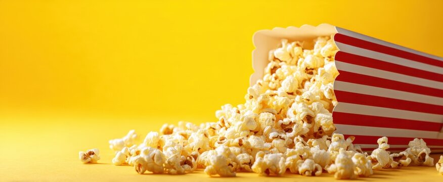 The vibrant popcorn spilling from a classic striped box on a yellow background. - Powered by Adobe