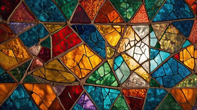 A close up view of a colorful stained glass window with geometric shapes and varying textures