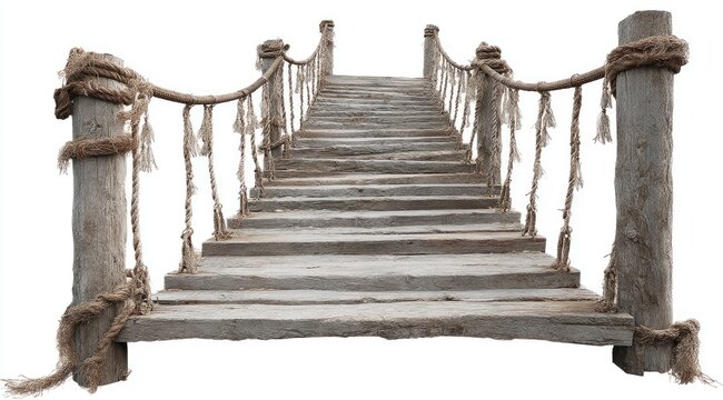 Fototapeta Wooden stairway bridge with rope railings