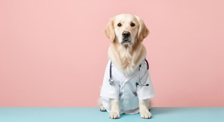 Cute dog wearing a doctor's outfit with a stethoscope, sitting on a pastel table. whimsical, with copy space and soft studio lighting