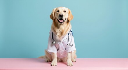 Cute dog wearing a doctor's outfit with a stethoscope, sitting on a pastel table. whimsical, with copy space and soft studio lighting