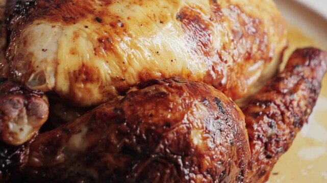 Grilled chicken with garlic sauce, hot pepper, salt, spices and herbs, close-up of well-done grilled chicken. High quality 4k footage