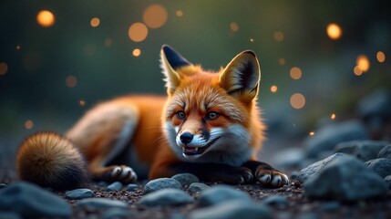 Fototapeta premium Playful Fox Relaxing in a Forest Clearing with Bokeh Lights