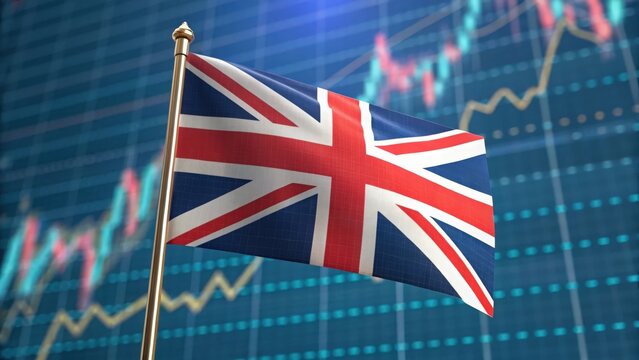 Close-up of UK flag with dynamic stock market graph — representing economic fluctuations and tech
