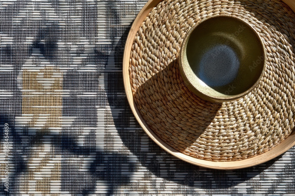 Poster natural textures and patterns featuring a woven basket and stoneware bowl on a rustic table setting