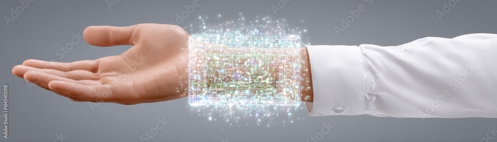 Poster interactive ar wristband interface demonstration digital space technology showcase futuristic enviro