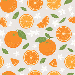 Seamless pattern with whole oranges, slices, green leaves, and white blossoms on a pastel background. Fresh citrus summer design in minimal clean hand-drawn retro style.