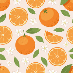 Seamless pattern with whole oranges, slices, green leaves, and white blossoms on a pastel background. Fresh citrus summer design in minimal clean hand-drawn retro style.