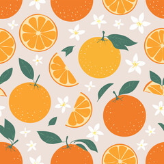 Seamless pattern with whole oranges, slices, green leaves, and white blossoms on a pastel background. Fresh citrus summer design in minimal clean hand-drawn retro style.