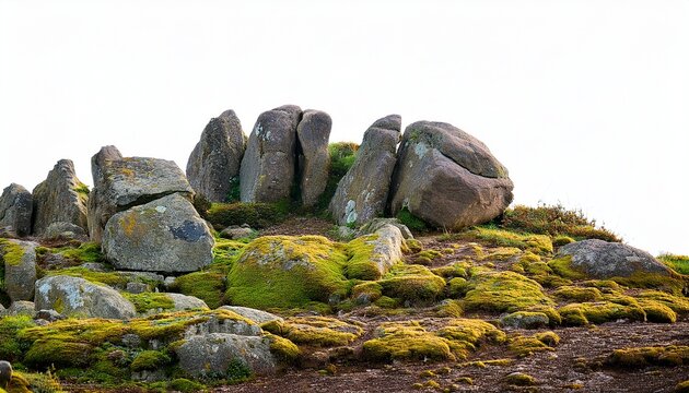 against a white background an array of rocky outcrops with infrequent moss and soil patches is seen