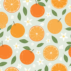 Seamless pattern with whole oranges, slices, green leaves, and white blossoms on a pastel background. Fresh citrus summer design in minimal clean hand-drawn retro style.