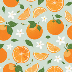 Seamless pattern with whole oranges, slices, green leaves, and white blossoms on a pastel background. Fresh citrus summer design in minimal clean hand-drawn retro style.