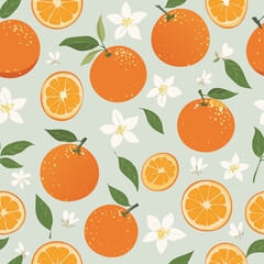 Seamless pattern with whole oranges, slices, green leaves, and white blossoms on a pastel background. Fresh citrus summer design in minimal clean hand-drawn retro style.