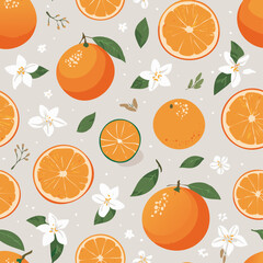 Seamless pattern with whole oranges, slices, green leaves, and white blossoms on a pastel background. Fresh citrus summer design in minimal clean hand-drawn retro style.