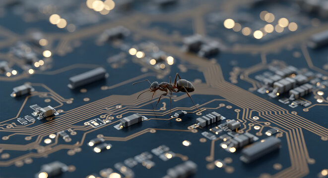 Ant on Circuit Board Cybersecurity, Technology, and Vulnerability Concept
