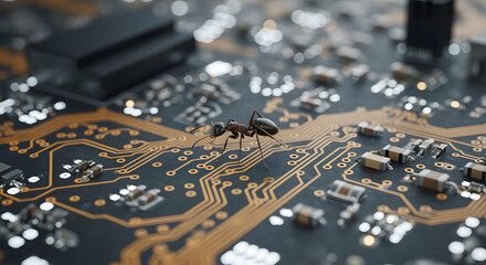 Ant on Circuit Board Macro Photography of Insect Computer Motherboard, Technology and Nature Concept