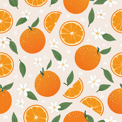 Seamless pattern with whole oranges, slices, green leaves, and white blossoms on a pastel background. Fresh citrus summer design in minimal clean hand-drawn retro style.