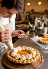 A concentrated young adult is decorating a pumpkin pie with whipped cream and cinnamon, appearing skilled and focused in a professional kitchen