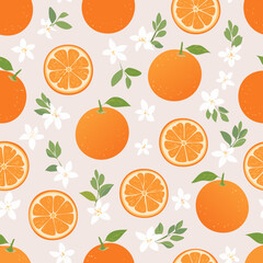 Seamless pattern with whole oranges, slices, green leaves, and white blossoms on a pastel background. Fresh citrus summer design in minimal clean hand-drawn retro style.