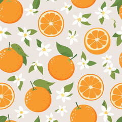 Seamless pattern with whole oranges, slices, green leaves, and white blossoms on a pastel background. Fresh citrus summer design in minimal clean hand-drawn retro style.