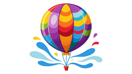 Obraz premium Vector art of vibrant hot air balloon with colorful stripes floating above splashing water, isolated on white background