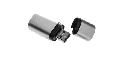 Silver usb flash drive with cap removed isolated on transparent background