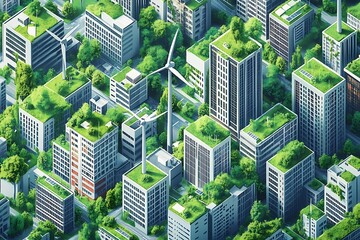Futuristic green city with buildings covered in vegetation and wind turbines