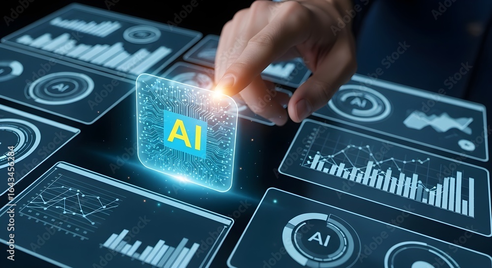 Poster hand interacting with ai interface, symbolizing technological advancements and data analysis.