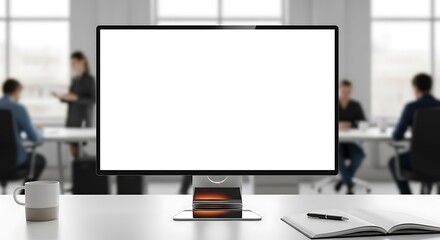 Modern office desk with a blank screen display, a whisk of business collaboration.