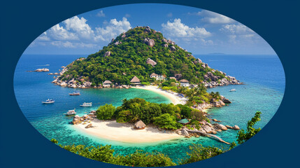 Naklejka premium Tropical island paradise: pristine beach, turquoise waters, lush greenery