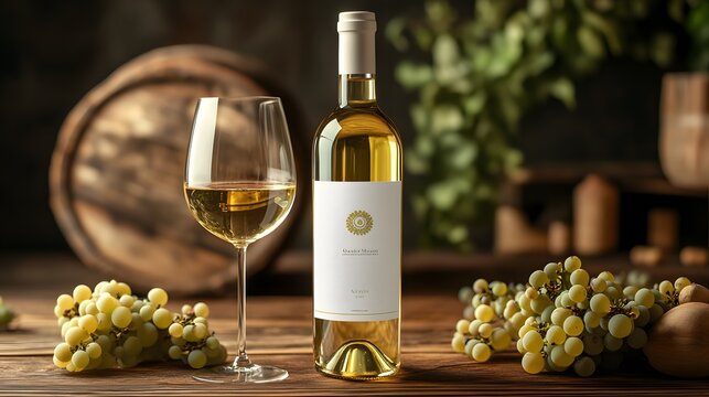 Wine and grapes. A bottle of white wine next to a glass of wine and green grapes on a wooden surface