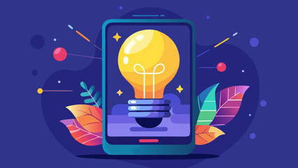Vector art of a glowing lightbulb symbolizing a bright idea or innovation displayed on a smartphone screen, surrounded by abstract shapes and leaves, representing creativity and technology