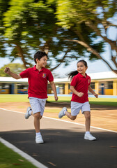 Obraz premium A cheerful young boy and girl are running on a path, both in red shirts and white shorts, appearing happy and energetic on a sunny day