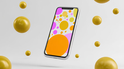 a floating smartphone mockup with editable screen on white background