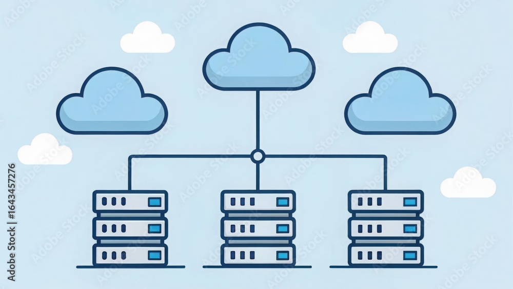 Poster cloud computing infrastructure with servers connected to cloud icons
