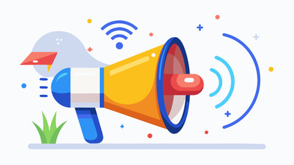 Vector art of a stylized illustration of a megaphone with sound waves emanating from it, symbolizing communication and announcements, featuring a subtle duck silhouette and wifi signal