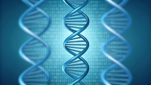 Blue dna helix structure with binary code background and light rays - Powered by Adobe