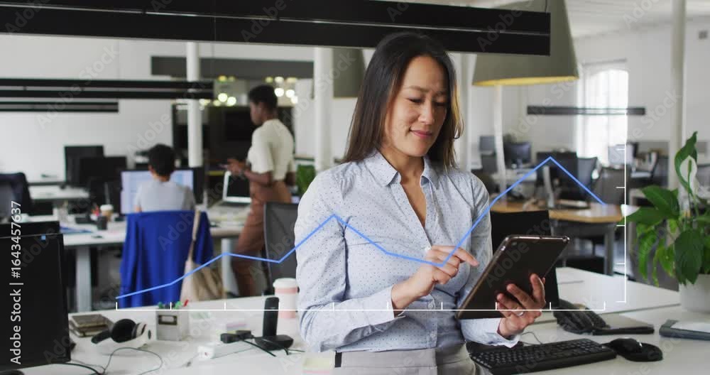 Poster business professional tapping tablet in open-plan office, showing animated data graph for insight