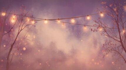 Magical Evening Scene with Glowing String Lights and Bare Trees