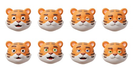 Fototapeta premium Cartoon tiger faces with different emotions