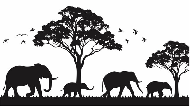 Silhouette of elephants walking near trees with birds flying overhead in a monochrome landscape scene |  editable eps vectors