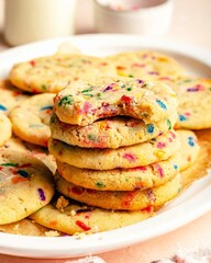 Colorful sprinkle cookies stacked high on a plate